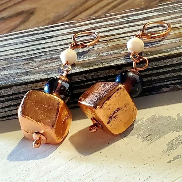 Striking Handcrafted Nepal Copper Dipped Baroque Brass Beads Earrings - Picture 6 of 7